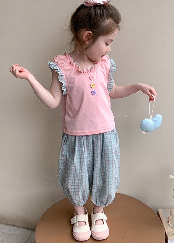 Pink Ruffled Patchwork T Shirt and Crop Pants Two Pieces Set Summer