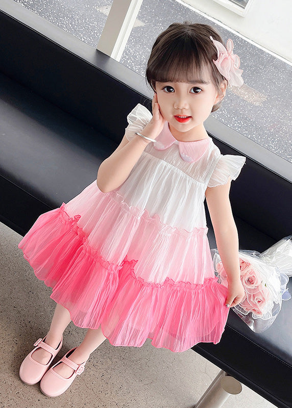 Pink Ruffled Patchwork Tulle Kids Layered Maxi Dresses Sleeveless