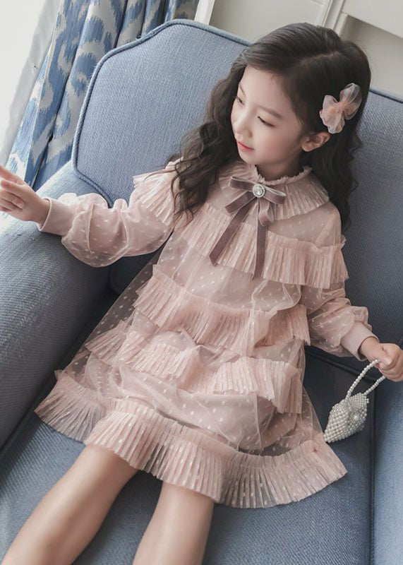 Pink Ruffled Patchwork Warm Fleece Kids Dress Fall