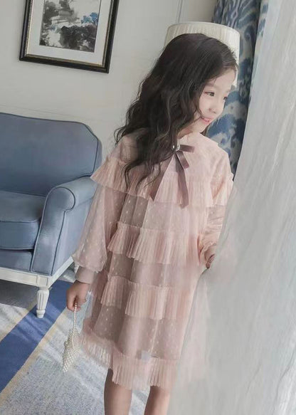 Pink Ruffled Patchwork Warm Fleece Kids Dress Fall