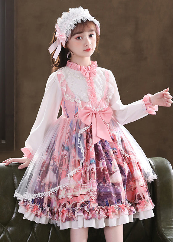 Pink Ruffled Print Bow Patchwork Tulle Kids Dress Fall