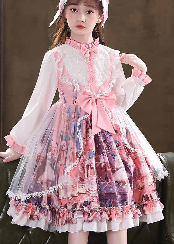 Pink Ruffled Print Bow Patchwork Tulle Kids Dress Fall