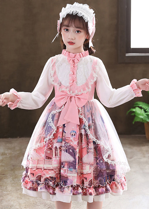 Pink Ruffled Print Bow Patchwork Tulle Kids Dress Fall