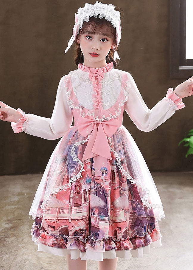 Pink Ruffled Print Bow Patchwork Tulle Kids Dress Fall