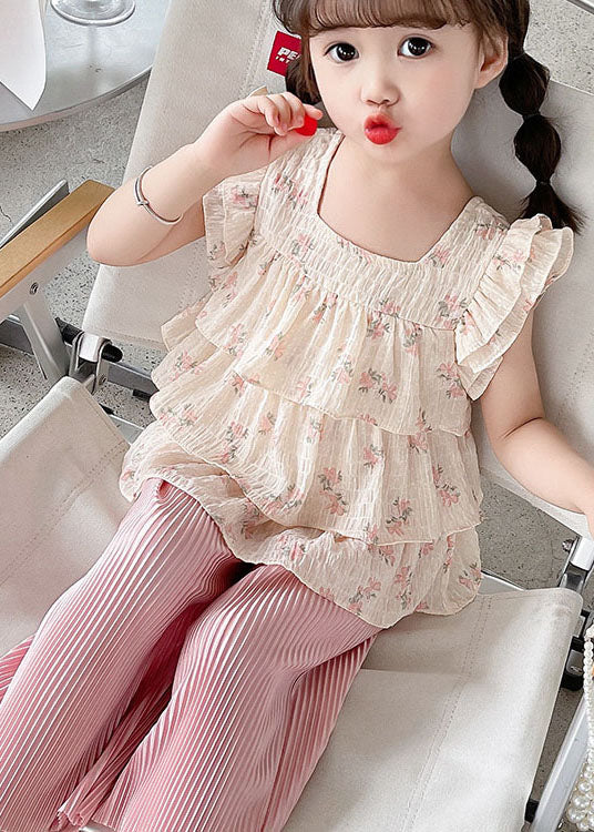 Pink Ruffled Tops and Pants Cotton Baby Two Pieces Set Summer