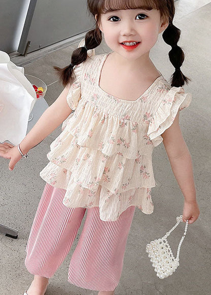 Pink Ruffled Tops and Pants Cotton Baby Two Pieces Set Summer