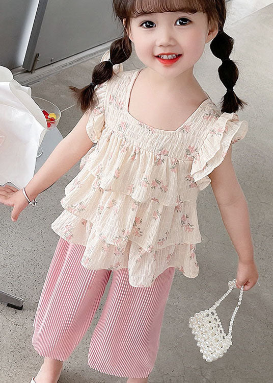Pink Ruffled Tops and Pants Cotton Baby Two Pieces Set Summer