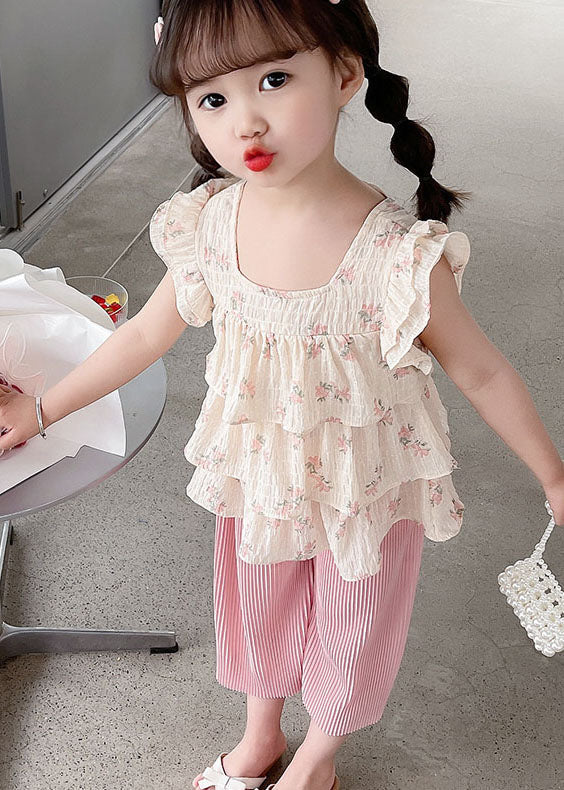 Pink Ruffled Tops and Pants Cotton Baby Two Pieces Set Summer