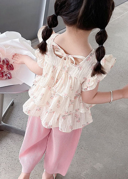 Pink Ruffled Tops and Pants Cotton Baby Two Pieces Set Summer