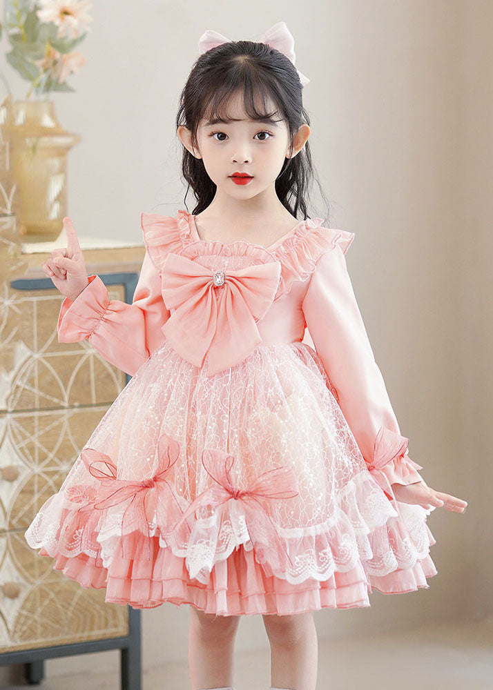 Pink Square Collar Bow Patchwork Tulle Kids Mid Dresses Long Sleeve