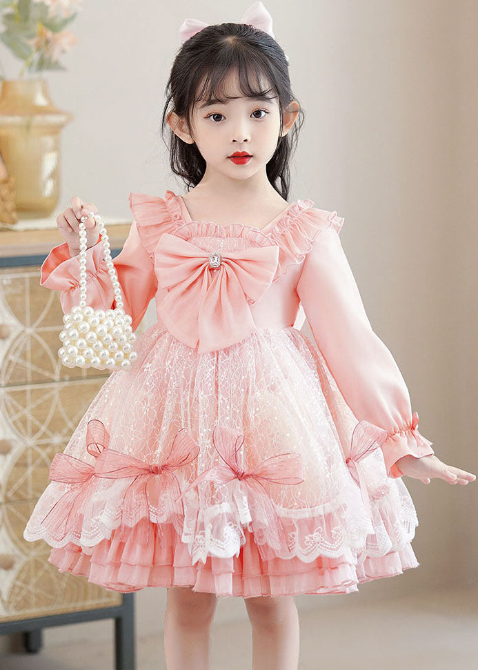 Pink Square Collar Bow Patchwork Tulle Kids Mid Dresses Long Sleeve