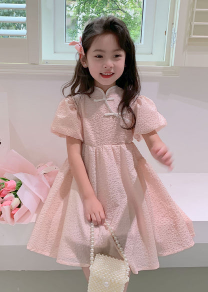Pink Stand Collar Button Patchwork Cotton Kids Dresses Summer