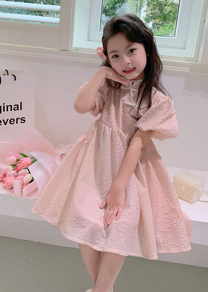 Pink Stand Collar Button Patchwork Cotton Kids Dresses Summer