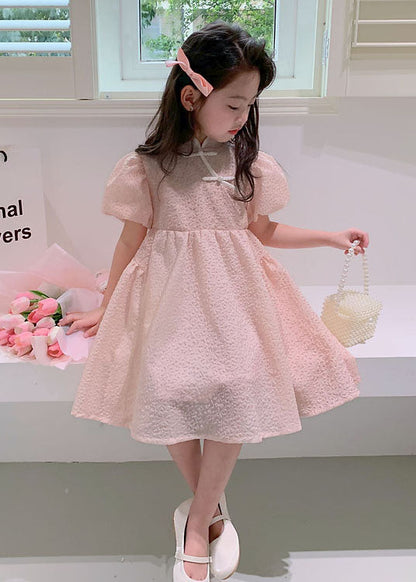 Pink Stand Collar Button Patchwork Cotton Kids Dresses Summer
