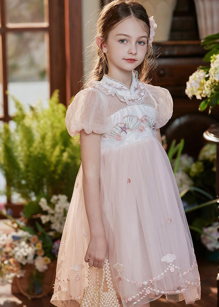 Pink Stand Collar Embroideried Lace Patchwork Tulle Baby Mid Dress Short Sleeve