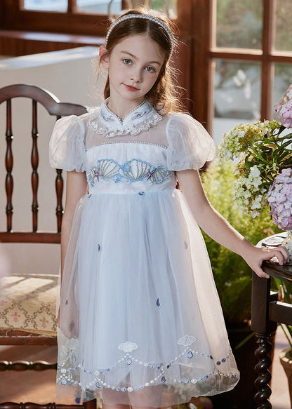 Pink Stand Collar Embroideried Lace Patchwork Tulle Baby Mid Dress Short Sleeve