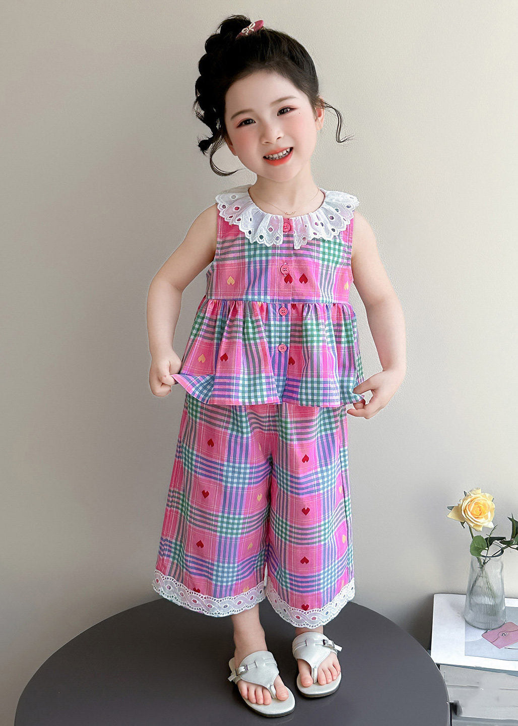 Pink Striped Patchwork T Shirt and Wide Leg Pants Two Piece Set Sleeveless