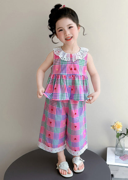 Pink Striped Patchwork T Shirt and Wide Leg Pants Two Piece Set Sleeveless
