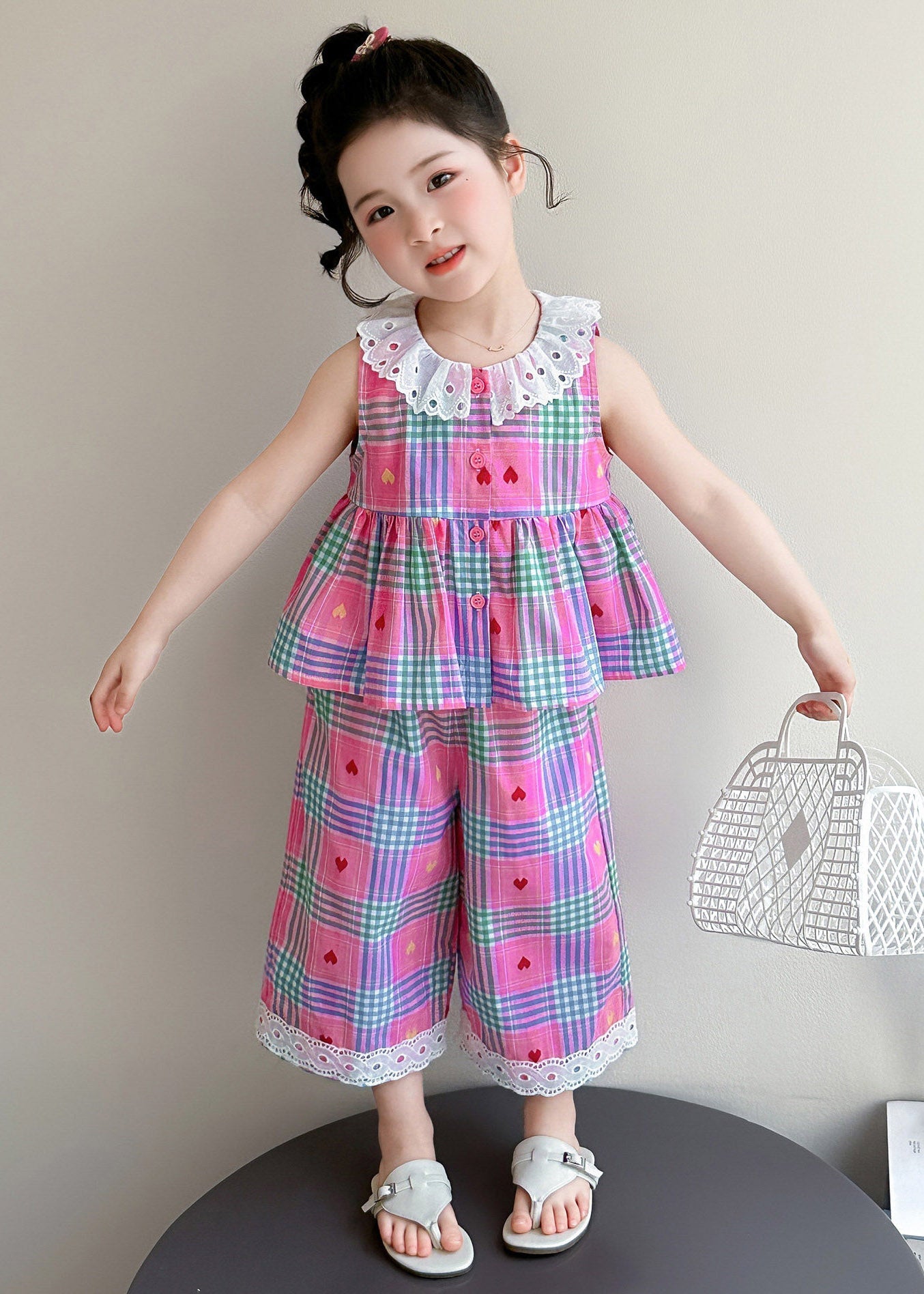 Pink Striped Patchwork T Shirt and Wide Leg Pants Two Piece Set Sleeveless