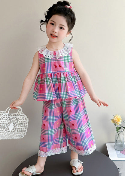 Pink Striped Patchwork T Shirt and Wide Leg Pants Two Piece Set Sleeveless