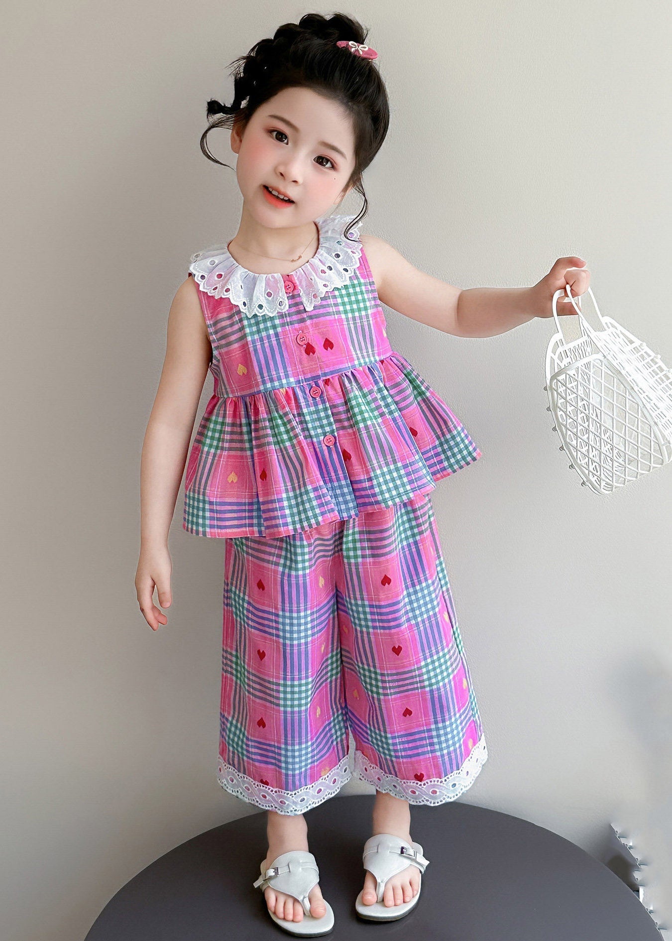 Pink Striped Patchwork T Shirt and Wide Leg Pants Two Piece Set Sleeveless