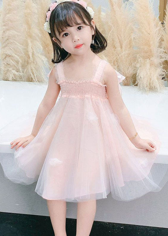 Pink Wrinkled Patchwork Tulle Kids Dresses Summer
