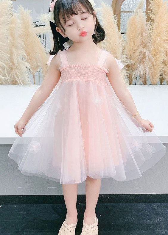 Pink Wrinkled Patchwork Tulle Kids Dresses Summer
