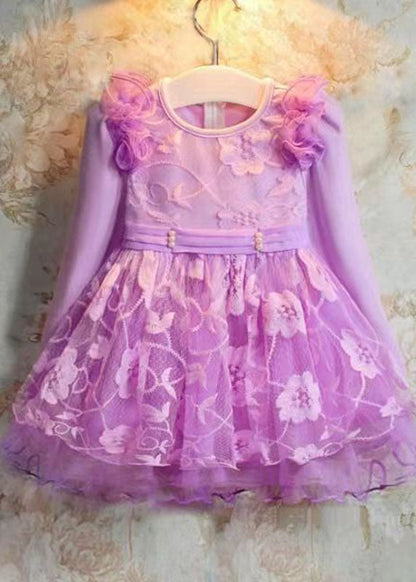 Purple Embroideried Patchwork Tulle Kids Long Dress Long Sleeve