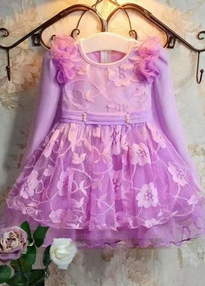 Purple Embroideried Patchwork Tulle Kids Long Dress Long Sleeve