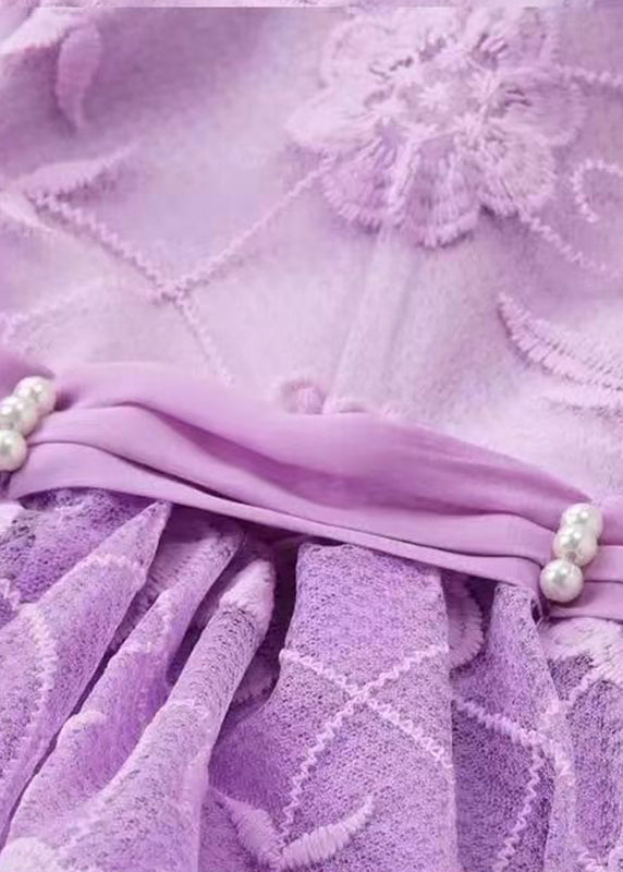Purple Embroideried Patchwork Tulle Kids Long Dress Long Sleeve