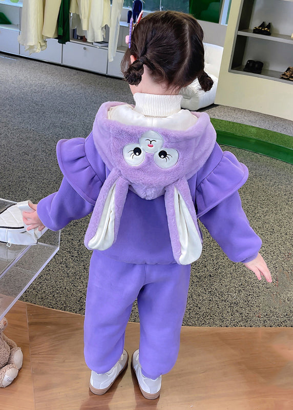 Purple Hooded Tops and Pants Warm Fleece Baby Two Pieces Set Winter