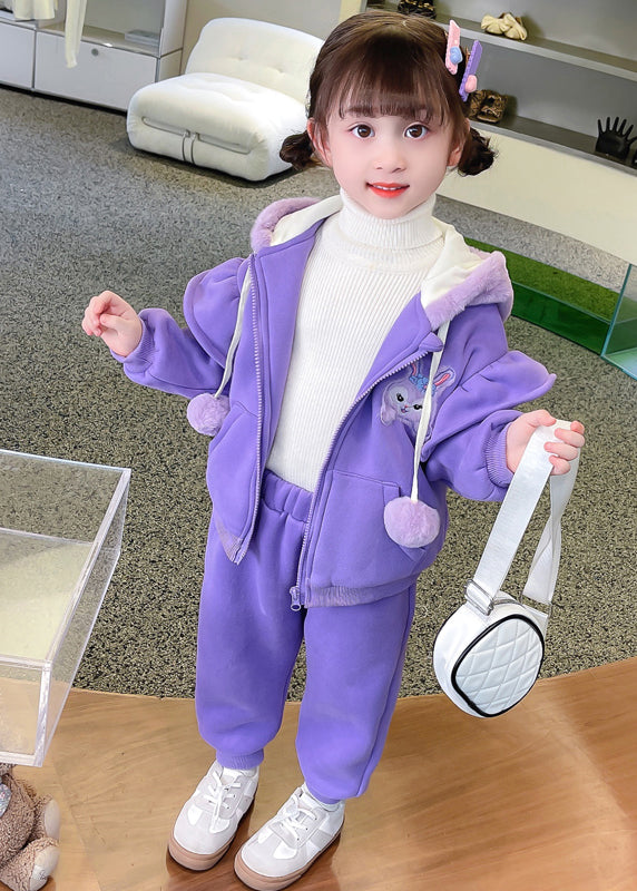 Purple Hooded Tops and Pants Warm Fleece Baby Two Pieces Set Winter