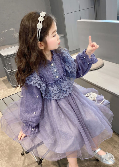 Purple Ruffled Lace Patchwork Tulle Baby Dress Fall