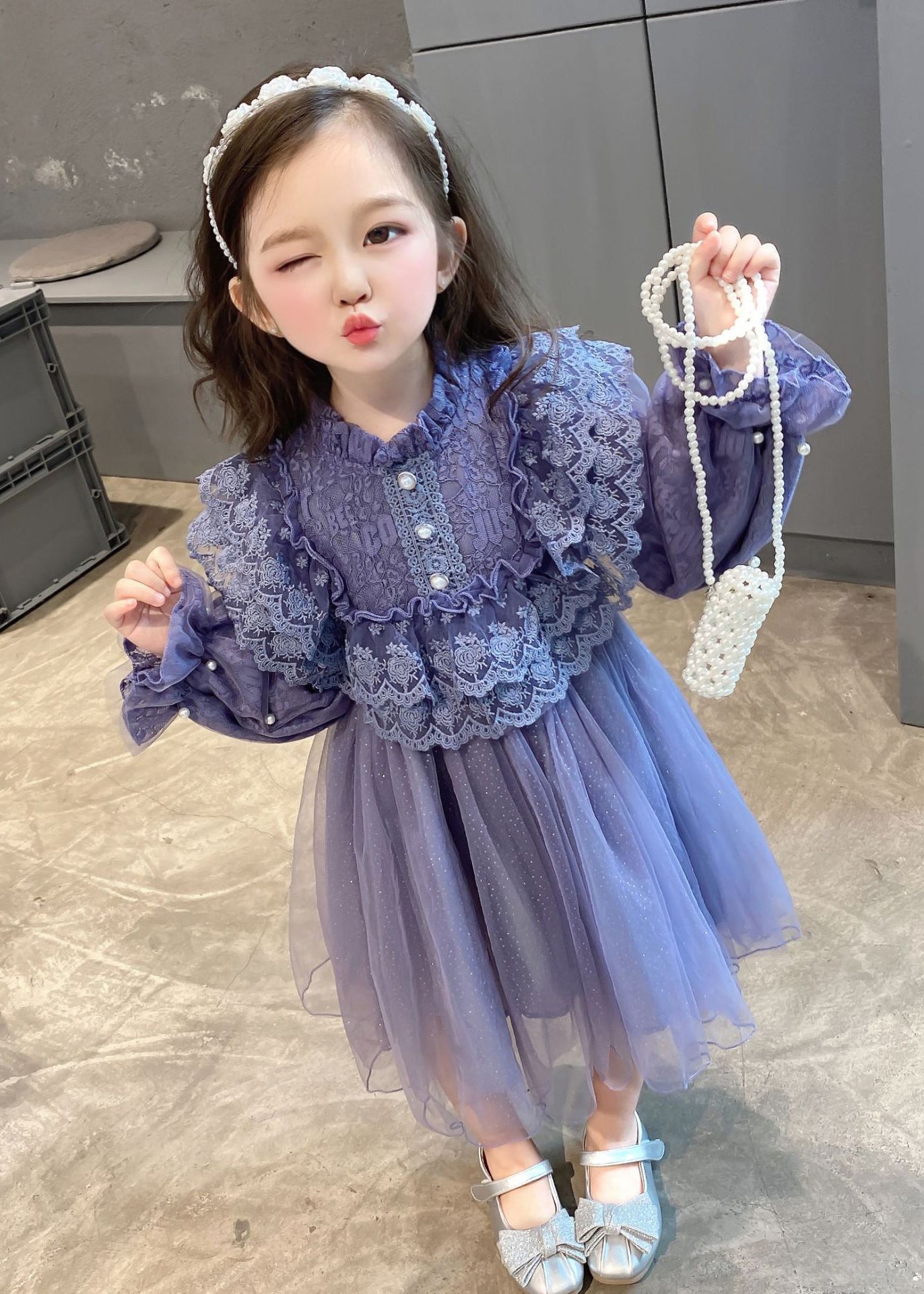 Purple Ruffled Lace Patchwork Tulle Baby Dress Fall