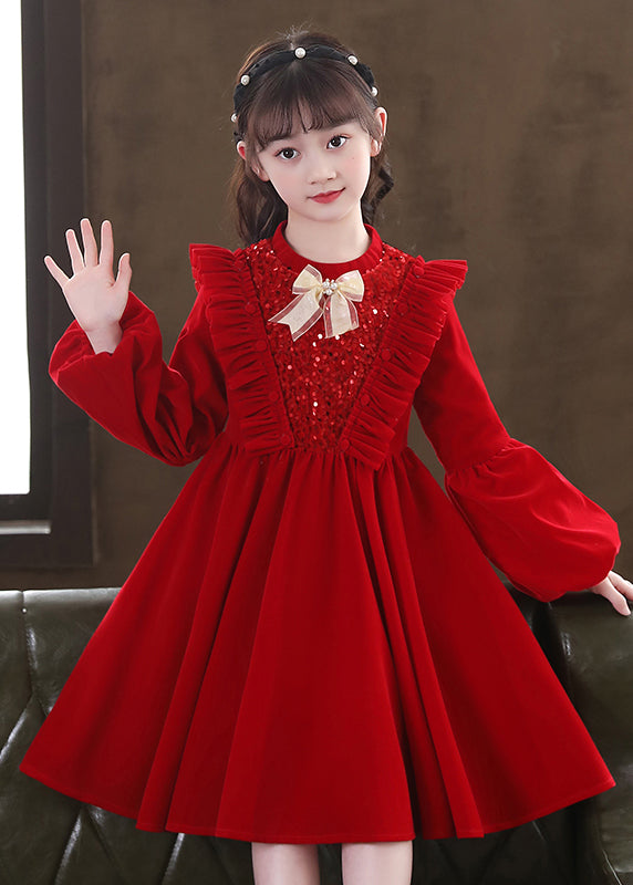 Red Ruffled Sequins Patchwork Warm Fleece Baby Dress Winter