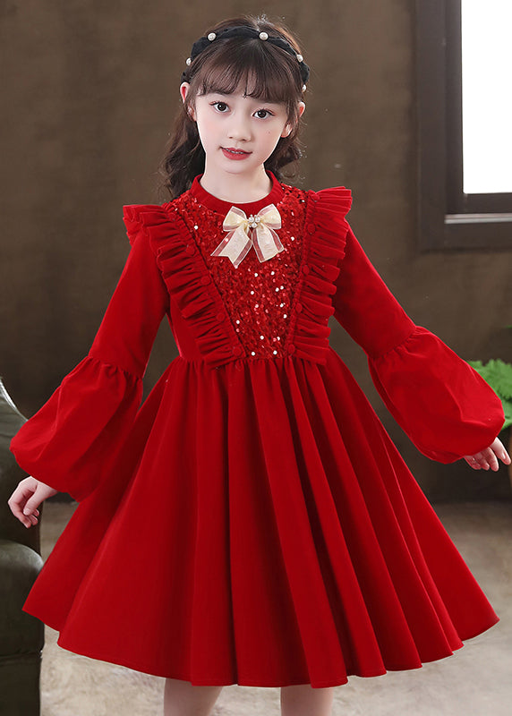 Red Ruffled Sequins Patchwork Warm Fleece Baby Dress Winter