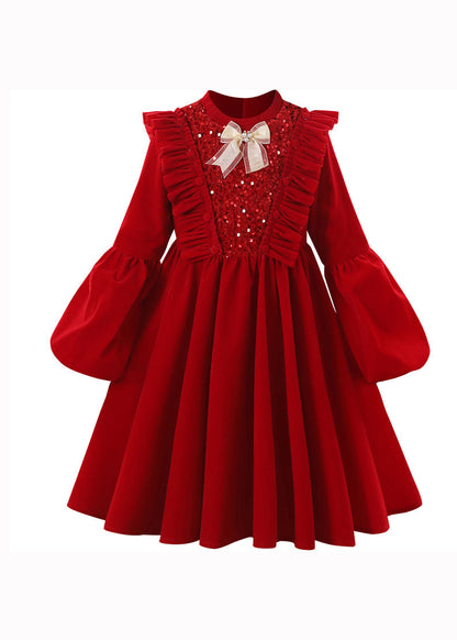 Red Ruffled Sequins Patchwork Warm Fleece Baby Dress Winter