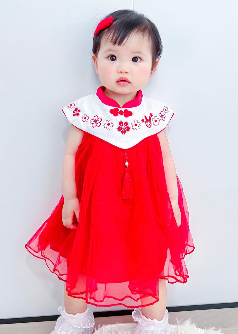 Red Stand Collar Embroideried Tassel Patchwork Button Tulle Baby Long Dresses Summer