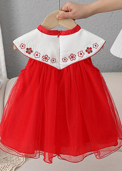 Red Stand Collar Embroideried Tassel Patchwork Button Tulle Baby Long Dresses Summer