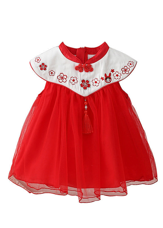 Red Stand Collar Embroideried Tassel Patchwork Button Tulle Baby Long Dresses Summer