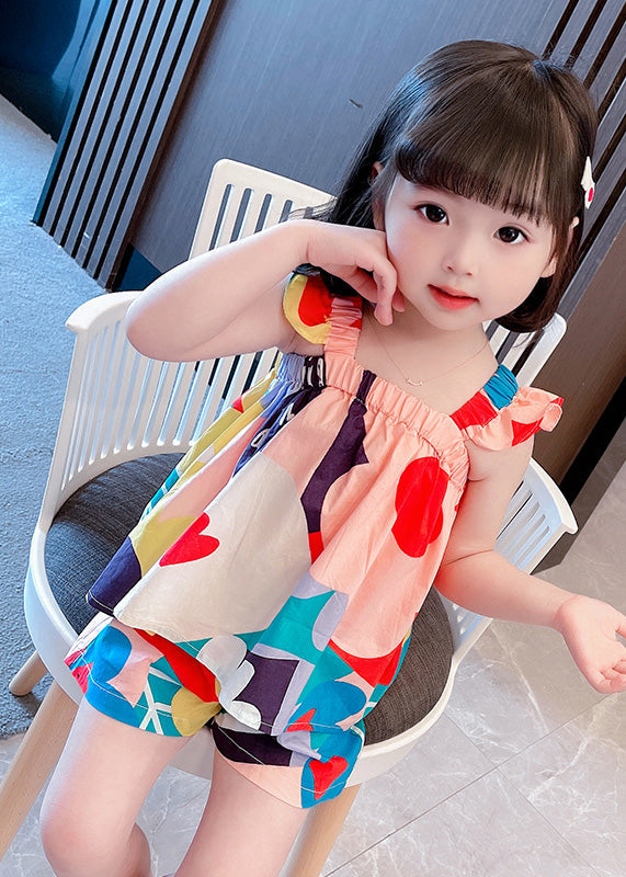 Slash Neck Print Cotton Top and Shorts Two Pieces Set Summer