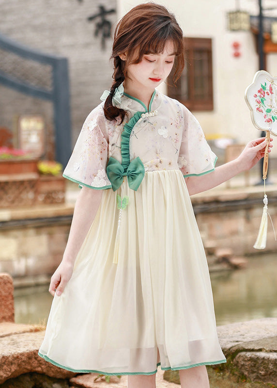 Stand Collar Ruffled Patchwork Bow Tulle Kids Long Dress Short Sleeve