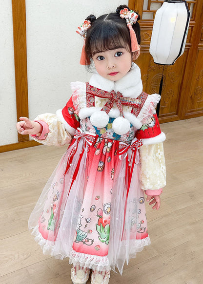 Steawberry Rabbit Print Patchwork Warm Fleece Kids Tulle Long Dress Long Sleeve
