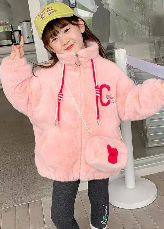 White Embroideried Pockets Warm Fleece Kids Coats Winter
