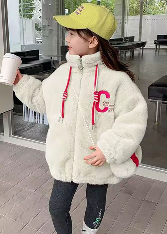 White Embroideried Pockets Warm Fleece Kids Coats Winter