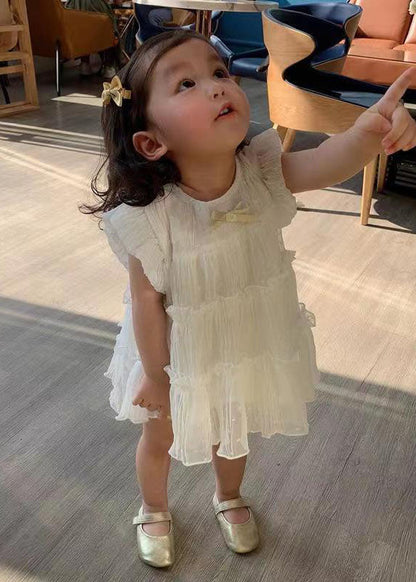White Ruffled Patchwork Chiffon Kids Long Dresses Summer