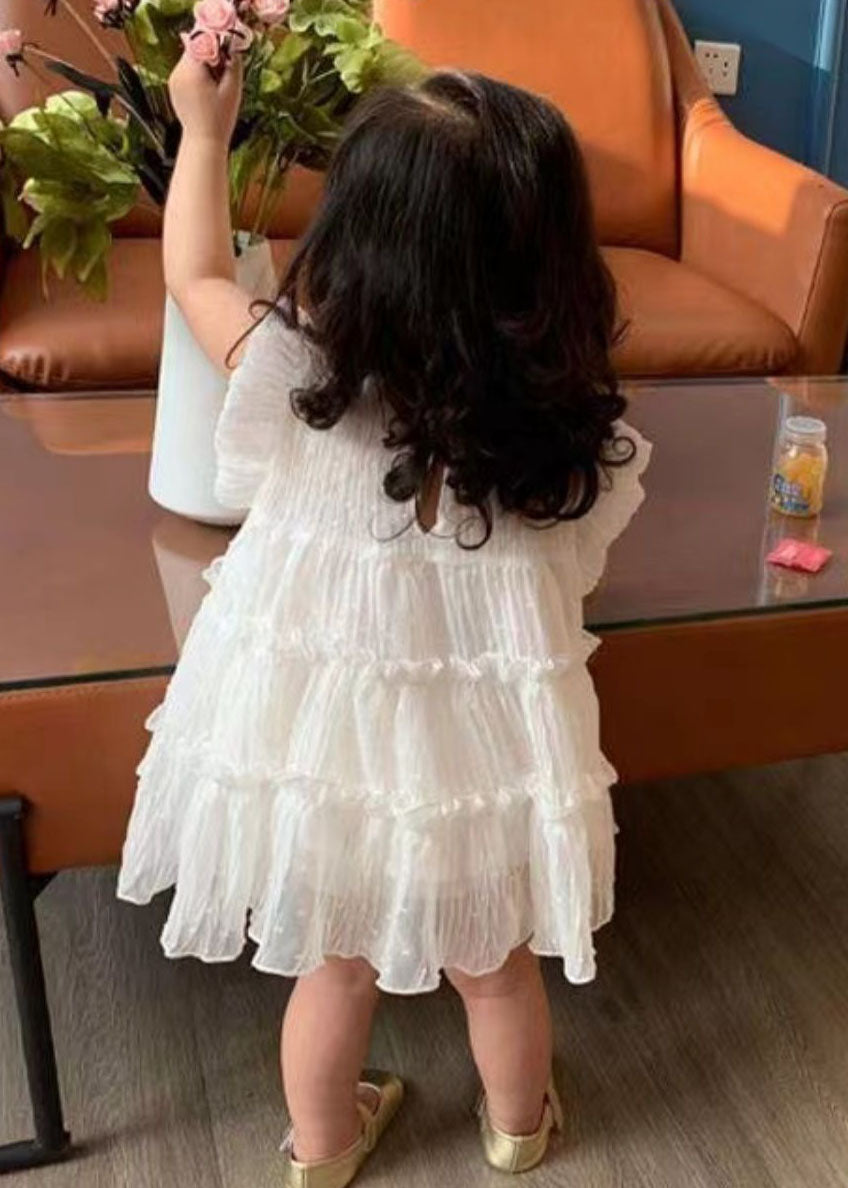White Ruffled Patchwork Chiffon Kids Long Dresses Summer