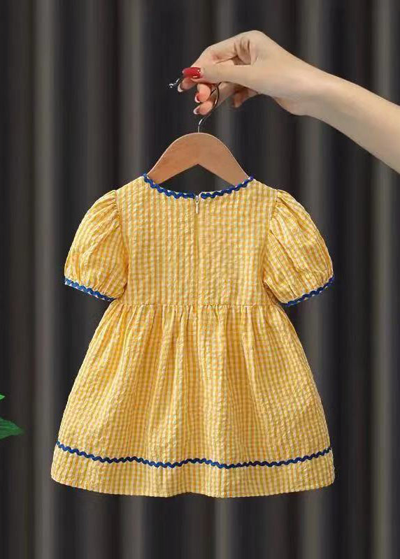 Yellow Plaid Patchwork Cotton Baby Maxi Dress Short Sleeve