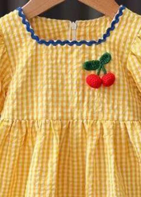 Yellow Plaid Patchwork Cotton Baby Maxi Dress Short Sleeve