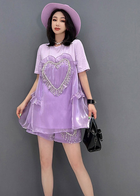 Ltalian Purple O-neck Ruffled Top and Shorts Two Pieces Set Summer